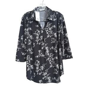 Tunic Top Women's Size XL 3/4 Sleeve V Neck Loose Fit Black White Floral Bulotus